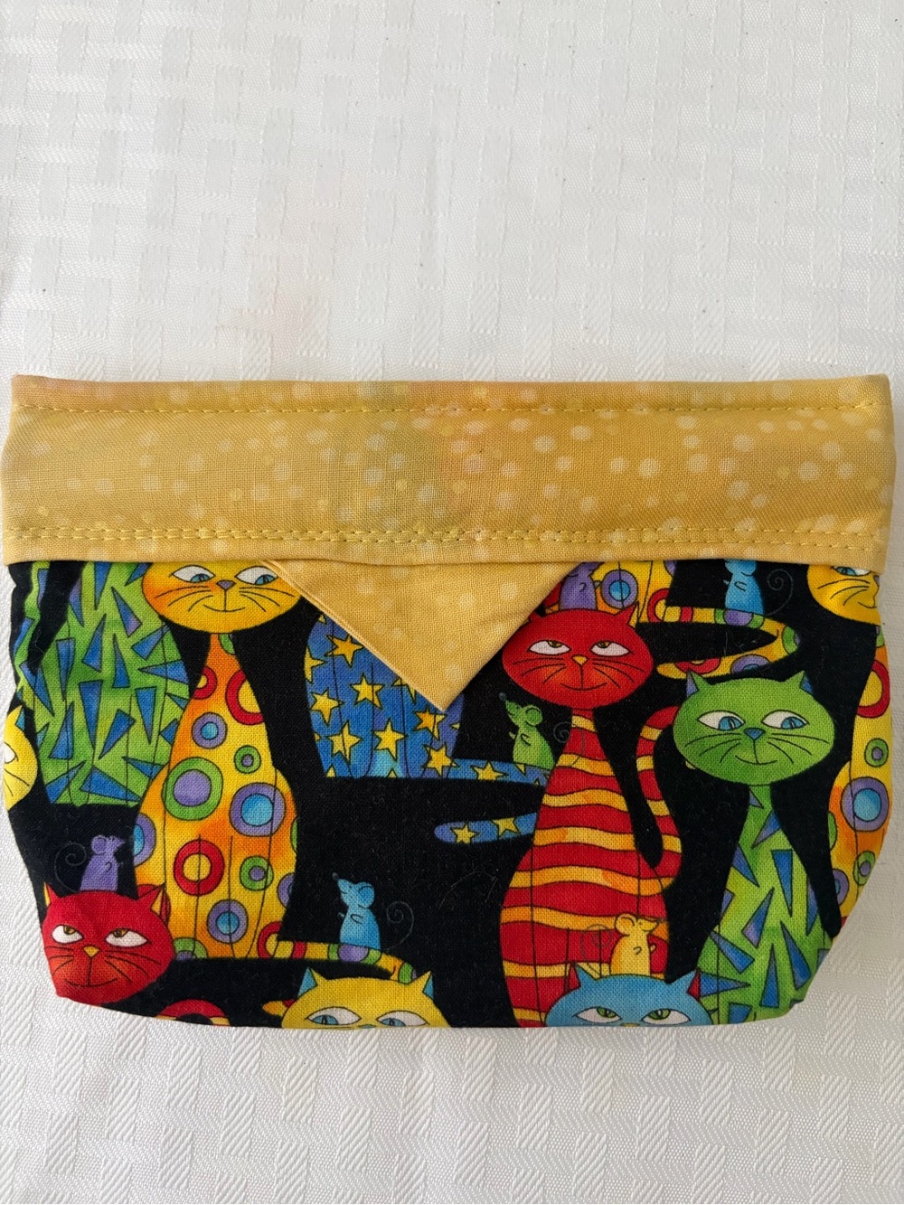 Playful Multi-Color Cat Print Pouch with Yellow Trim